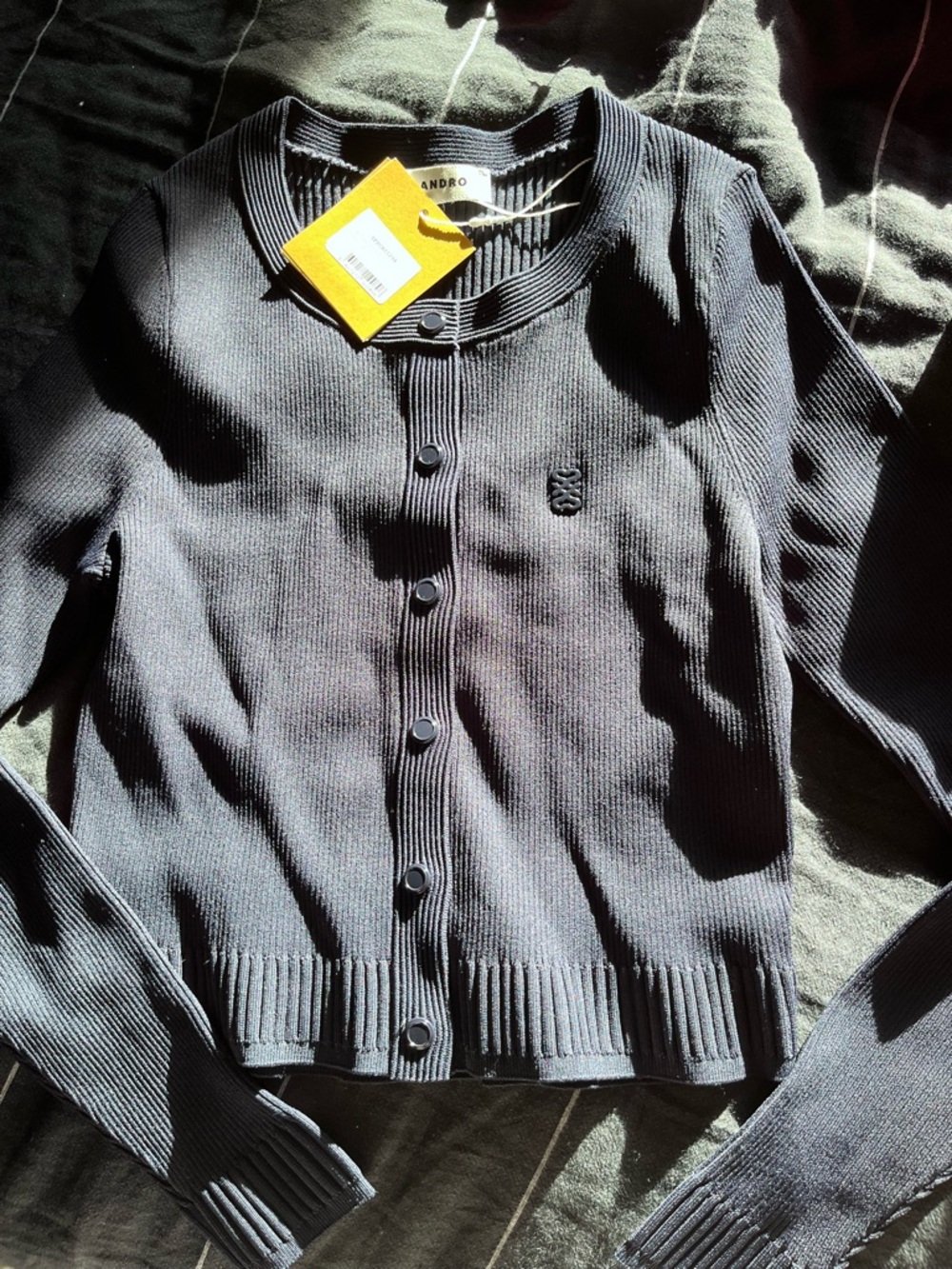 Sandro Navy Ribbed Button Cardigan with Logo Button